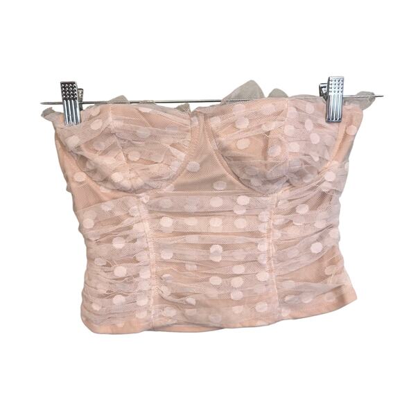 Lulus Bustier Crop Top M Beige In the Spotlight Polka Dot Mesh Ruffle Sweetheart - Picture 1 of 8